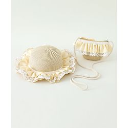 Babyhug Lace & Ribbon Bow Applique Straw Hats With Purse  Beige - Diameter 17.5 cm