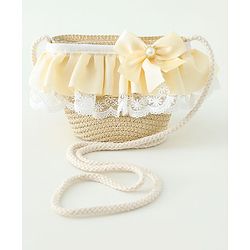 Babyhug Lace & Ribbon Bow Applique Straw Hats With Purse  Beige - Diameter 17.5 cm
