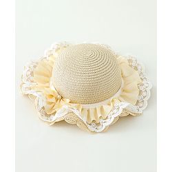 Babyhug Lace & Ribbon Bow Applique Straw Hats With Purse  Beige - Diameter 17.5 cm