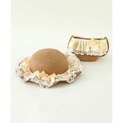 Babyhug Lace & Ribbon Bow Applique Straw Hats With Purse  Brown - Diameter 17.5 cm