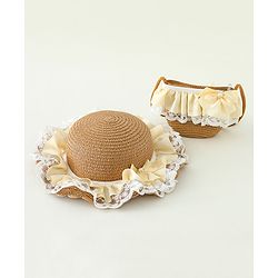 Babyhug Lace & Ribbon Bow Applique Straw Hats With Purse  Brown - Diameter 17.5 cm