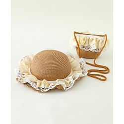 Babyhug Lace & Ribbon Bow Applique Straw Hats With Purse  Brown - Diameter 17.5 cm
