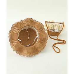 Babyhug Lace & Ribbon Bow Applique Straw Hats With Purse  Brown - Diameter 17.5 cm