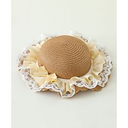 Babyhug Lace & Ribbon Bow Applique Straw Hats With Purse  Brown - Diameter 17.5 cm