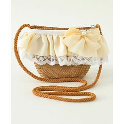 Babyhug Lace & Ribbon Bow Applique Straw Hats With Purse  Brown - Diameter 17.5 cm