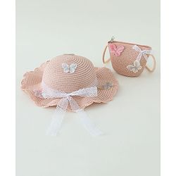 Babyhug Butterfly Applique Straw Hat With  Bow & Purse  Pink - Diameter 17.5 cm