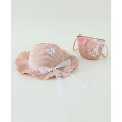 Babyhug Butterfly Applique Straw Hat With  Bow & Purse  Pink - Diameter 17.5 cm