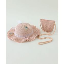Babyhug Butterfly Applique Straw Hat With  Bow & Purse  Pink - Diameter 17.5 cm