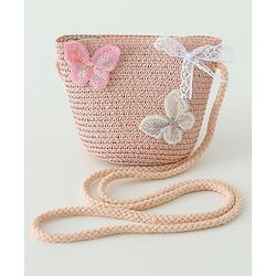 Babyhug Butterfly Applique Straw Hat With  Bow & Purse  Pink - Diameter 17.5 cm