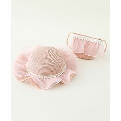 Babyhug Pearl Applique Straw Hat With Purse  Pink - Diameter 17.5 cm