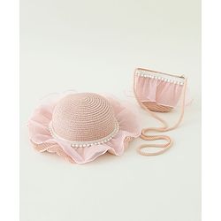 Babyhug Pearl Applique Straw Hat With Purse  Pink - Diameter 17.5 cm