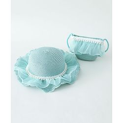 Babyhug Pearl Applique Straw Hat With Purse  Pink - Diameter 17.5 cm