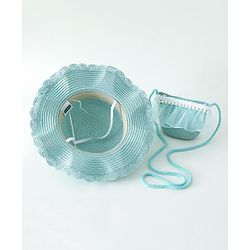 Babyhug Pearl Applique Straw Hat With Purse Blue - Diameter 17.5 cm