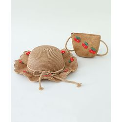 Babyhug Crochet Cherry Applique Straw Hat With String Bow & Purse  Brown - Diameter 17.5 cm