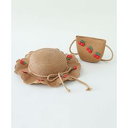 Babyhug Crochet Cherry Applique Straw Hat With String Bow & Purse  Brown - Diameter 17.5 cm