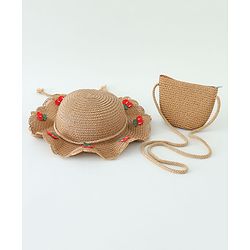 Babyhug Crochet Cherry Applique Straw Hat With String Bow & Purse  Brown - Diameter 17.5 cm