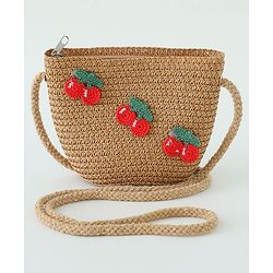 Babyhug Crochet Cherry Applique Straw Hat With String Bow & Purse  Brown - Diameter 17.5 cm