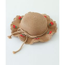 Babyhug Crochet Cherry Applique Straw Hat With String Bow & Purse  Brown - Diameter 17.5 cm