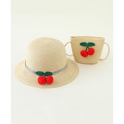 Babyhug Straw Hat With Crochet  Fruit Applique & Purse  Beige - Diameter 17.5 cm