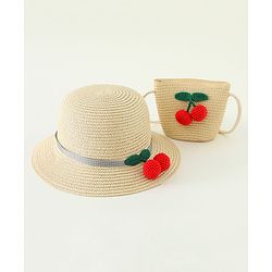 Babyhug Straw Hat With Crochet  Fruit Applique & Purse  Beige - Diameter 17.5 cm