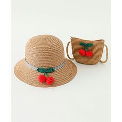 Babyhug Straw Hat With Crochet  Fruit Applique & Purse Brown - Diameter 17.5 cm