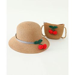 Babyhug Straw Hat With Crochet  Fruit Applique & Purse Brown - Diameter 17.5 cm