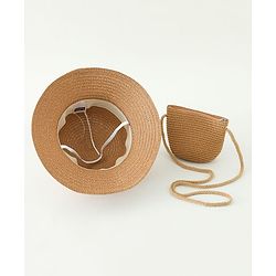 Babyhug Straw Hat With Crochet  Fruit Applique & Purse Brown - Diameter 17.5 cm