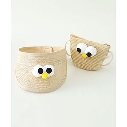 Babyhug Straw Hat With Face Applique & Purse Beige- Diameter 48 cm