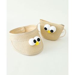 Babyhug Straw Hat With Face Applique & Purse Beige- Diameter 48 cm