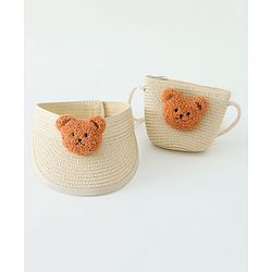 Babyhug Straw Hat With Bear Applique & Purse Beige - Diameter 48 cm