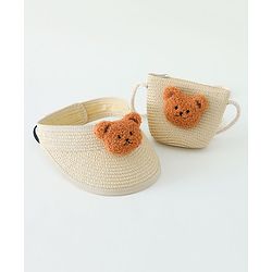 Babyhug Straw Hat With Bear Applique & Purse Beige - Diameter 48 cm