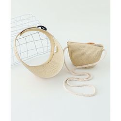 Babyhug Straw Hat With Bear Applique & Purse Beige - Diameter 48 cm