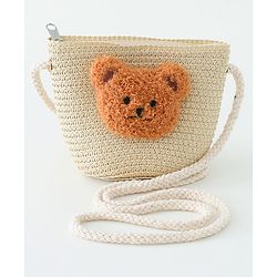 Babyhug Straw Hat With Bear Applique & Purse Beige - Diameter 48 cm