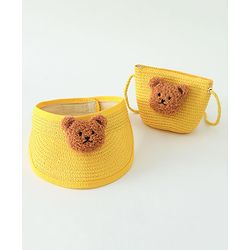 Babyhug Straw Hat With Bear Applique & Purse  Yellow - Diameter 48 cm