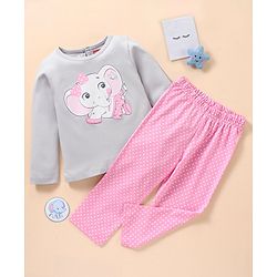 Babyhug Cotton Full Sleeves Night Suit Elephant & Dot Print- Grey Pink