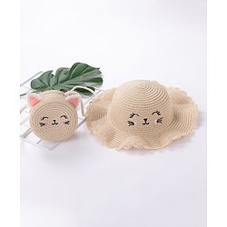 Babyhug Straw Hat With Bow & Purse - Brown & Pink