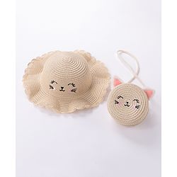 Babyhug Straw Hat With Bow & Purse - Brown & Pink