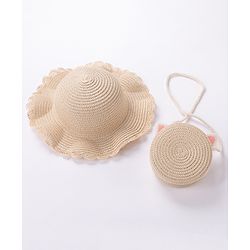 Babyhug Straw Hat With Bow & Purse - Brown & Pink