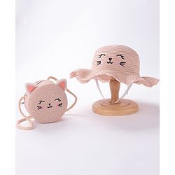 Babyhug Straw Hat With Bow & Purse - Brown & Pink