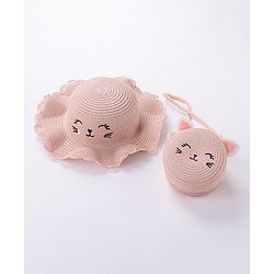 Babyhug Straw Hat With Bow & Purse - Brown & Pink