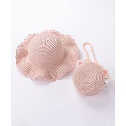 Babyhug Straw Hat With Bow & Purse - Brown & Pink