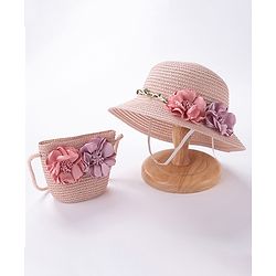 Babyhug Straw Hat With Flower & Purse - Pink