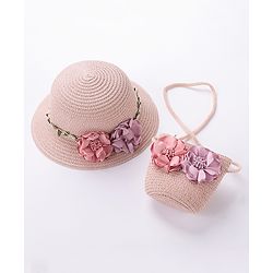 Babyhug Straw Hat With Flower & Purse - Pink