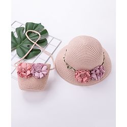 Babyhug Straw Hat With Flower & Purse - Pink