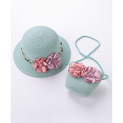 Babyhug Straw Hat With Flower & Purse - Blue