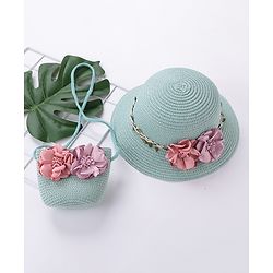 Babyhug Straw Hat With Flower & Purse - Blue