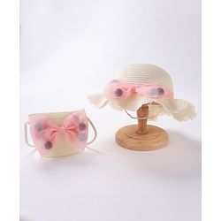 Babyhug Straw Hat With Bow & Purse - Cream