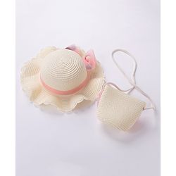 Babyhug Straw Hat With Bow & Purse - Cream