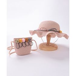 Babyhug Straw Hat With Pom Pom Applique & Purse - Pink