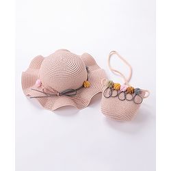 Babyhug Straw Hat With Pom Pom Applique & Purse - Pink